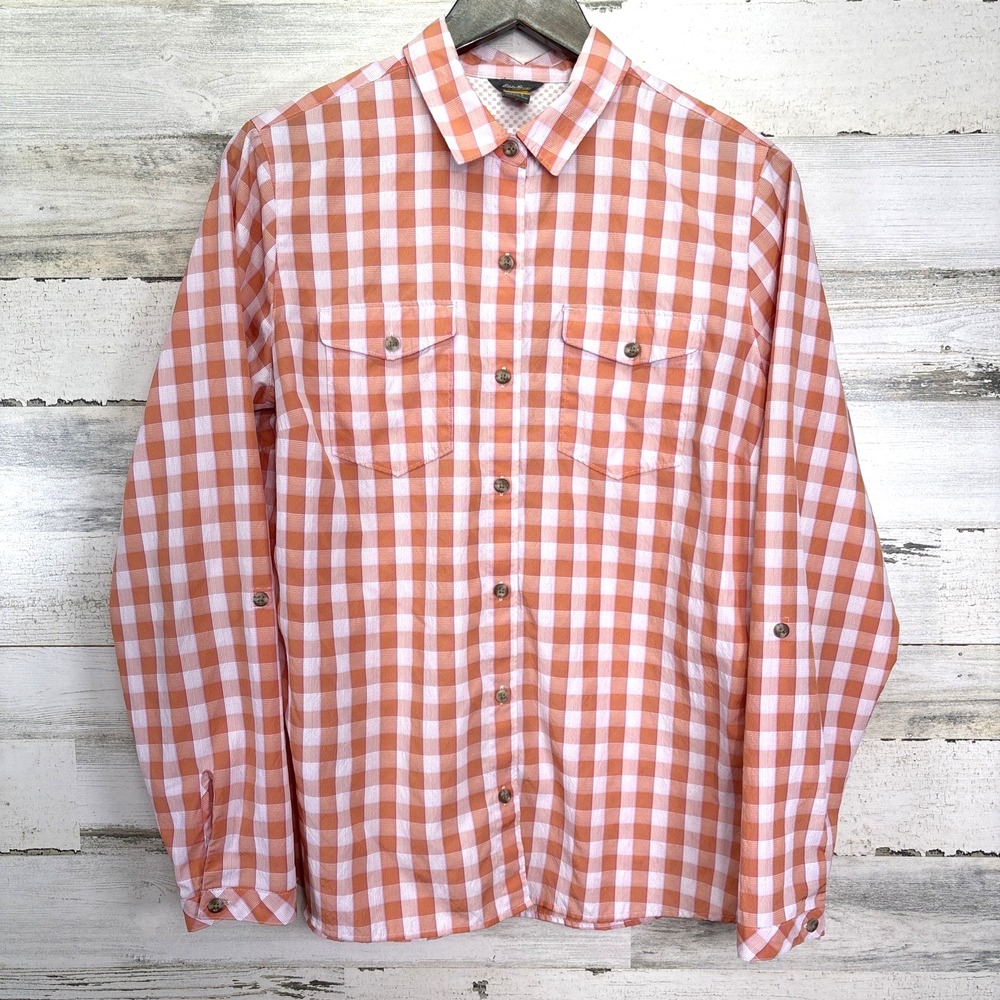 Eddie Bauer Orange & White Adventurer Plaid Long Slv Button Dn Hiking Shirt Sz L